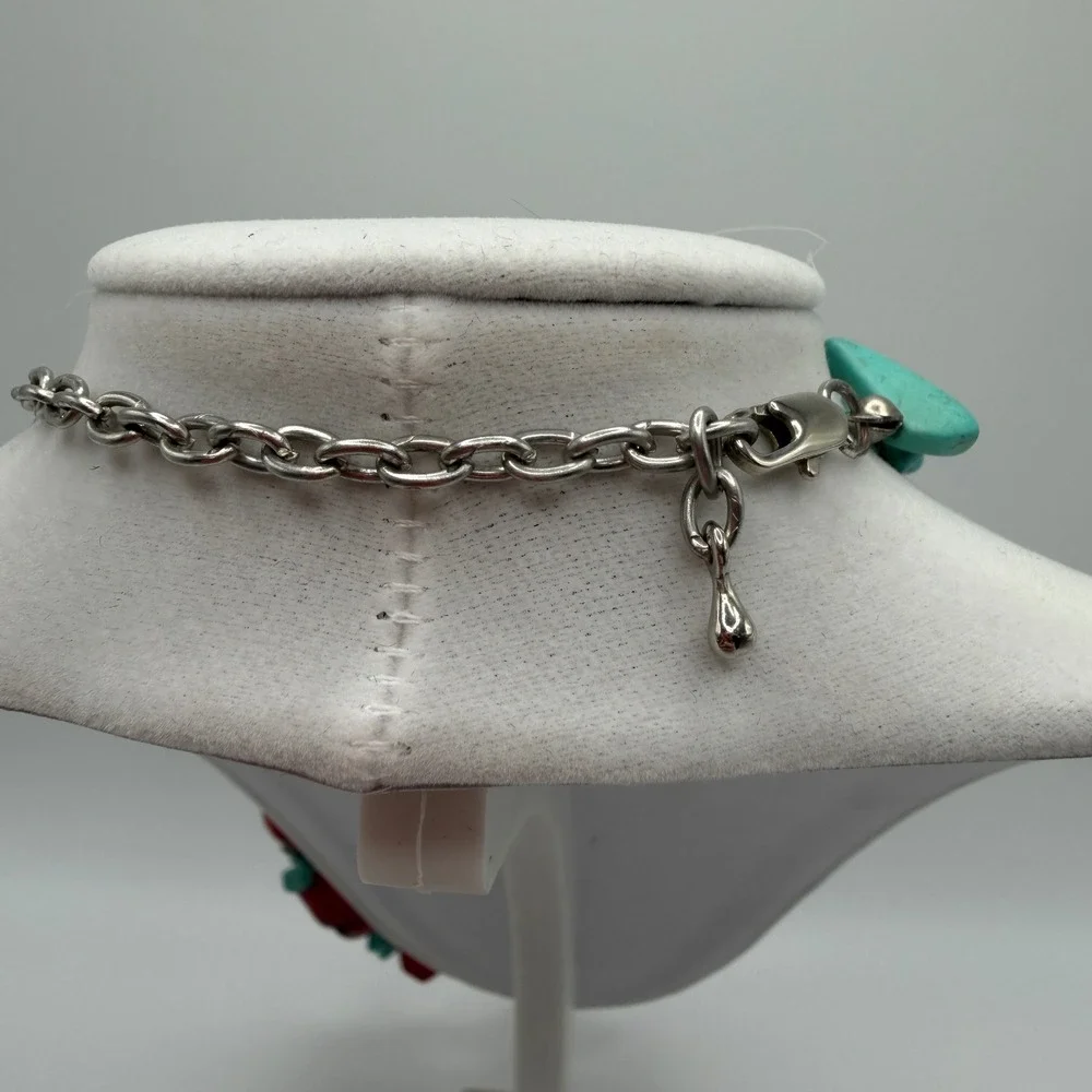 Chunky Red Sponge Coral and Turquoise Nugget Statement Necklace Silver Tone
